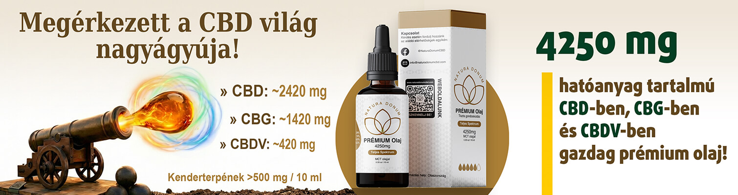 Natura Donum 42,5%-os 4250mg hatóanyag tartalmú teljes spektrumú CBD-ben, CBG-ben, CBDV-ben és terpénekben gazdag olaj 10ml-es kiszerelésben!